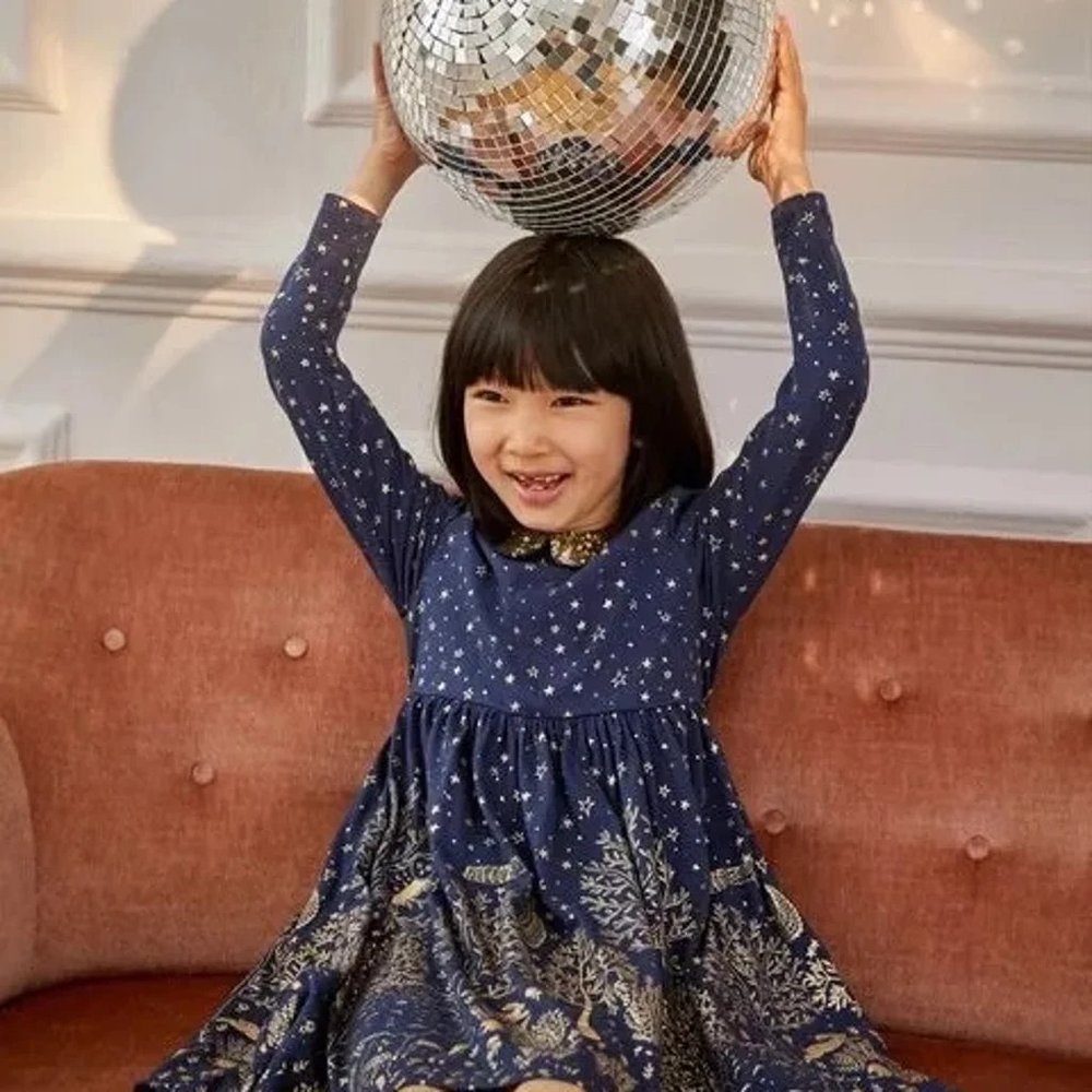 Mini Boden Woodland Sparkle Collared Party Dress in navy and gold, size 8/9